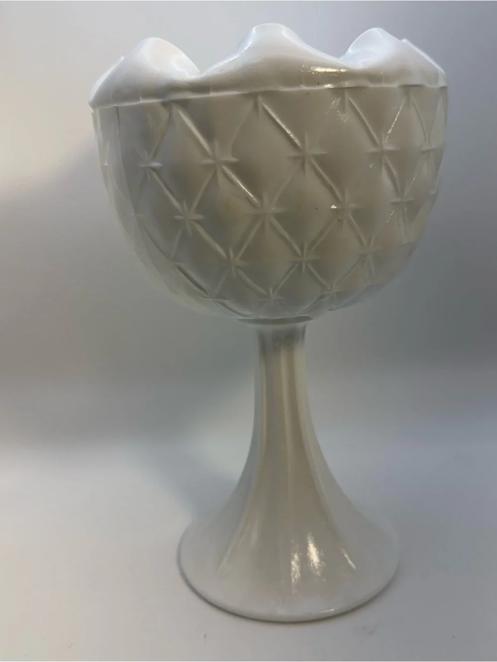 Vintage Milk Glass Compote Candy Pedestal Dish Quilted Duette Pattern 9” Cottage